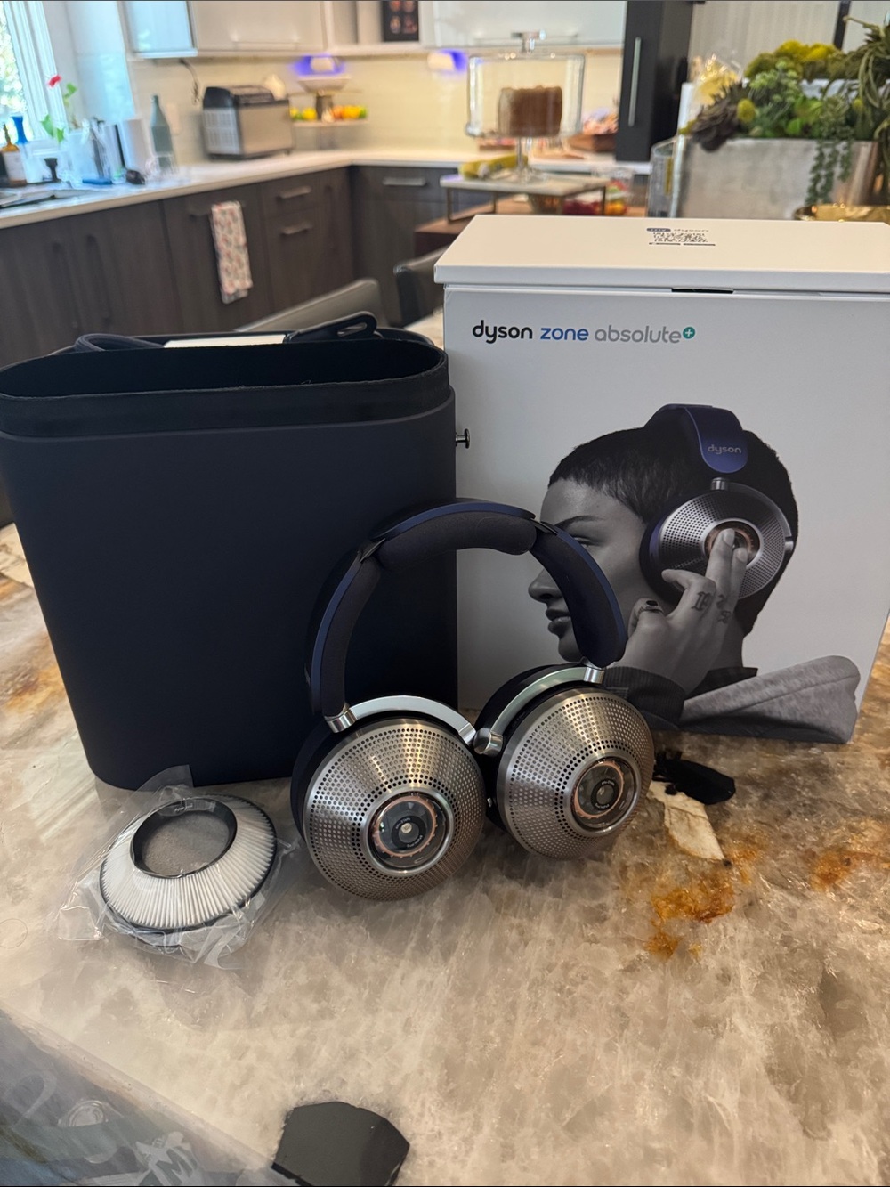 Dyson Zone Absolute Headphones in Silver & Navy with air filter mouthpiece